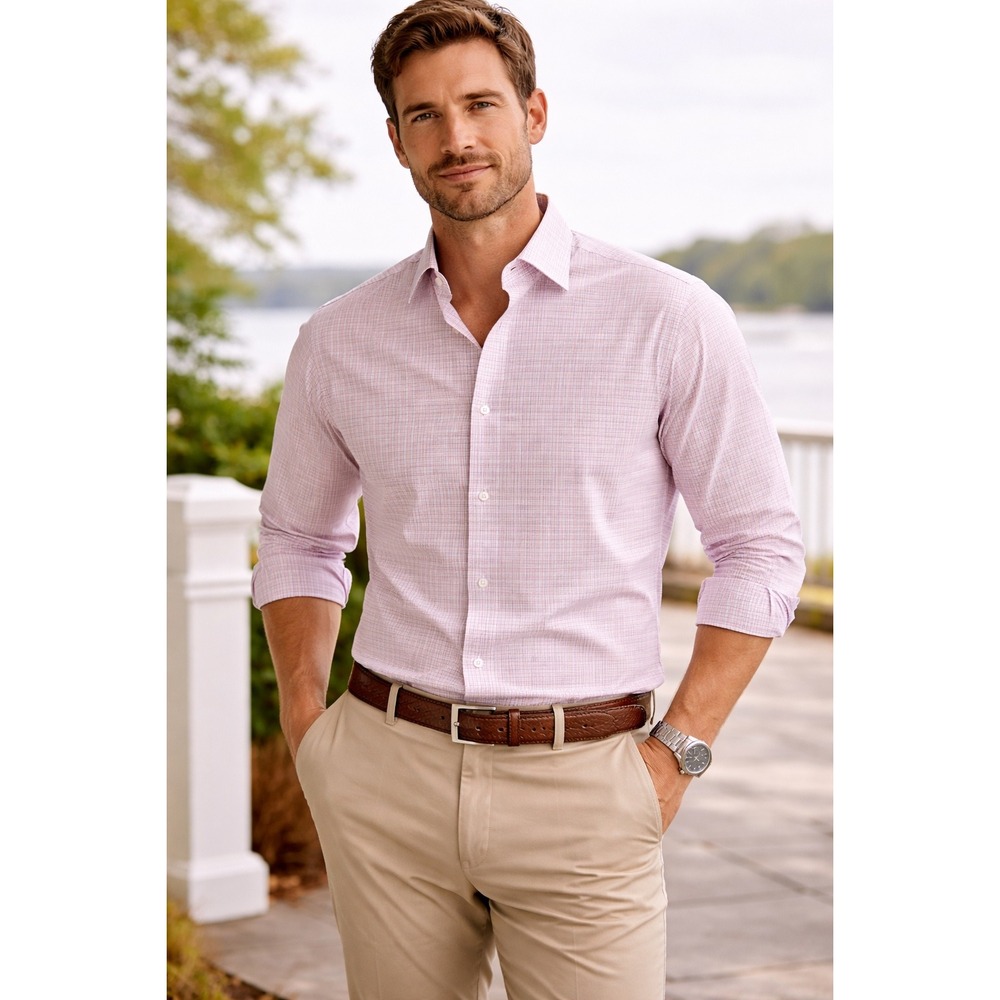 Lands' End No Iron Supima‎ Cotton Pink Windowpane Check Dress Shirt Spring Sz 18